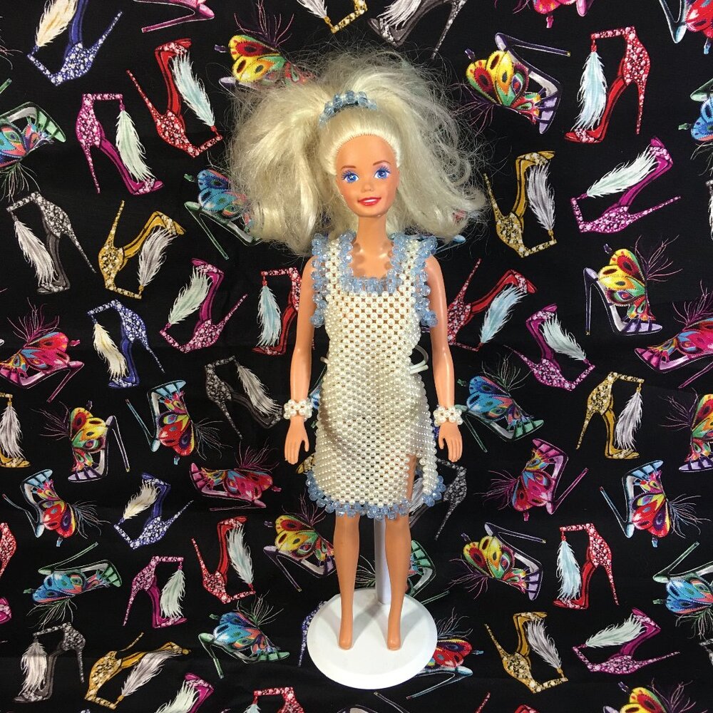 Barbie 12" Doll with Custom Made Beaded Dress, Bracelets & Hair Tie